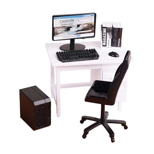 pistro Miniatur-Computer-Schreibtischstuhl-Set im Maßstab 1:12 mit Tastatur, Modell für Puppenhaus, Büro, Gaming-Tisch, Mikro-Landschaft, Sandtisch-Szene, Weiß von pistro