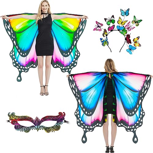 plainshe Schmetterlingsflügel Doppelseitiger Druck, Feenflügel für Erwachsene, Halloween Kostüme für Frauen, 3PCS Schmetterlingsumhang Set (Doppelseitig 1) von plainshe