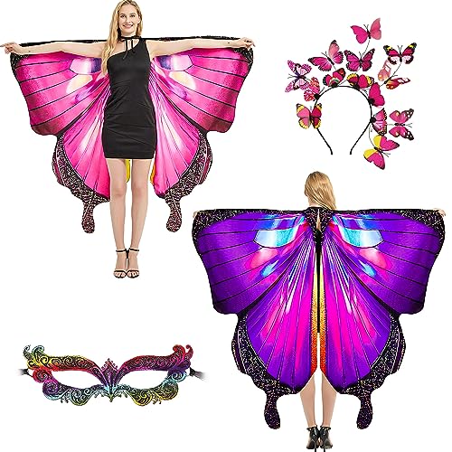 plainshe Schmetterlingsflügel Doppelseitiger Druck, Feenflügel für Erwachsene, Halloween Kostüme für Frauen, 3PCS Schmetterlingsumhang Set (Doppelseitig 11) von plainshe