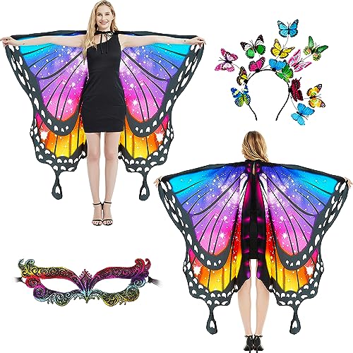 plainshe Schmetterlingsflügel Doppelseitiger Druck, Feenflügel für Erwachsene, Halloween Kostüme für Frauen, 3PCS Schmetterlingsumhang Set (Doppelseitig 15) von plainshe