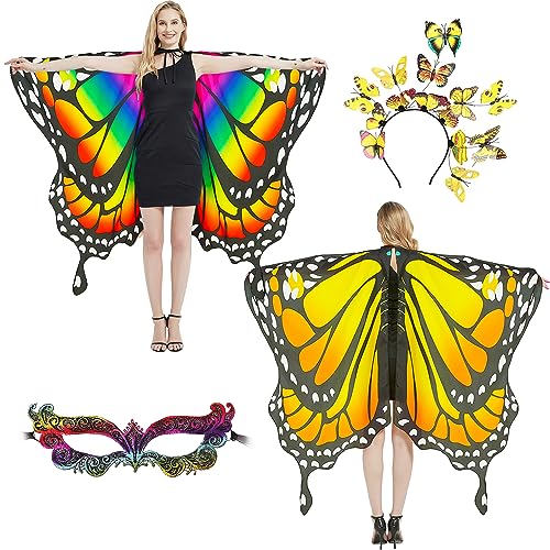 plainshe Schmetterlingsflügel Doppelseitiger Druck, Feenflügel für Erwachsene, Halloween Kostüme für Frauen, 3PCS Schmetterlingsumhang Set (Doppelseitig 2) von plainshe