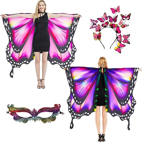 plainshe Schmetterlingsflügel Doppelseitiger Druck, Feenflügel für Erwachsene, Halloween Kostüme für Frauen, 3PCS Schmetterlingsumhang Set (Doppelseitig 3) von plainshe