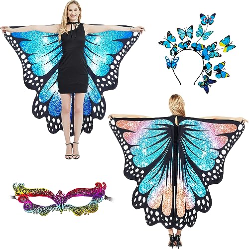plainshe Schmetterlingsflügel Doppelseitiger Druck, Feenflügel für Erwachsene, Halloween Kostüme für Frauen, 3PCS Schmetterlingsumhang Set (Doppelseitig 4) von plainshe