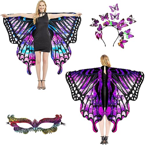 plainshe Schmetterlingsflügel Doppelseitiger Druck, Feenflügel für Erwachsene, Halloween Kostüme für Frauen, 3PCS Schmetterlingsumhang Set (Doppelseitig 6) von plainshe
