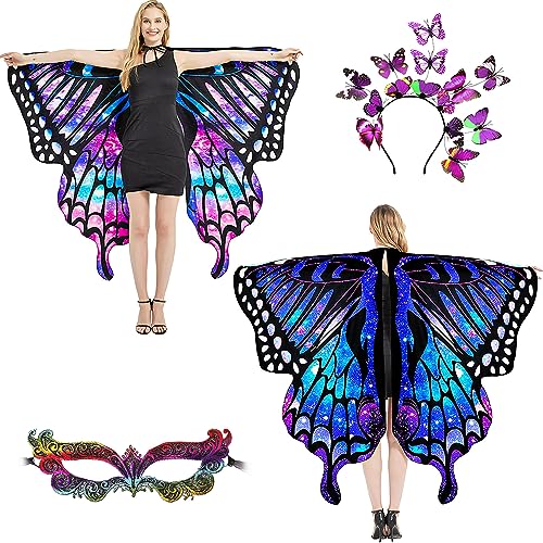 plainshe Schmetterlingsflügel Doppelseitiger Druck, Feenflügel für Erwachsene, Halloween Kostüme für Frauen, 3PCS Schmetterlingsumhang Set (Doppelseitig 7) von plainshe
