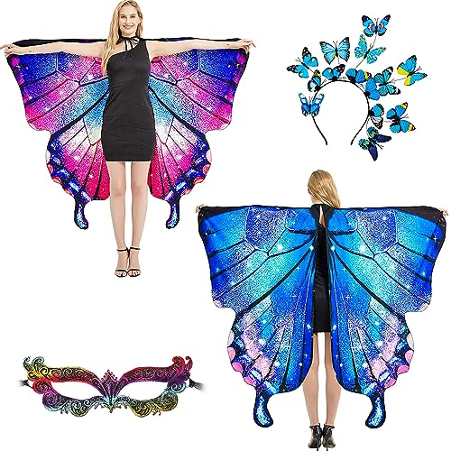 plainshe Schmetterlingsflügel Doppelseitiger Druck, Feenflügel für Erwachsene, Halloween Kostüme für Frauen, 3PCS Schmetterlingsumhang Set (Doppelseitig 9) von plainshe