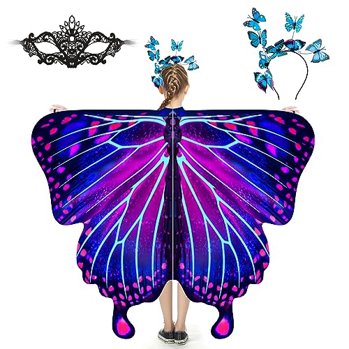 plainshe Schmetterlingsflügel für Mädchen, Schmetterlingskostüm für Halloween, Feenflügel Kinder, 3PCS Schmetterlingsumhang Set (#027) von plainshe