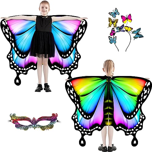plainshe Schmetterlingsflügel für Mädchen, doppelseitige Feenflügel, Kinder Schmetterlingskostüm für Halloween, 3PCS Schmetterlingsumhang Set (Doppelseitig 1) von plainshe