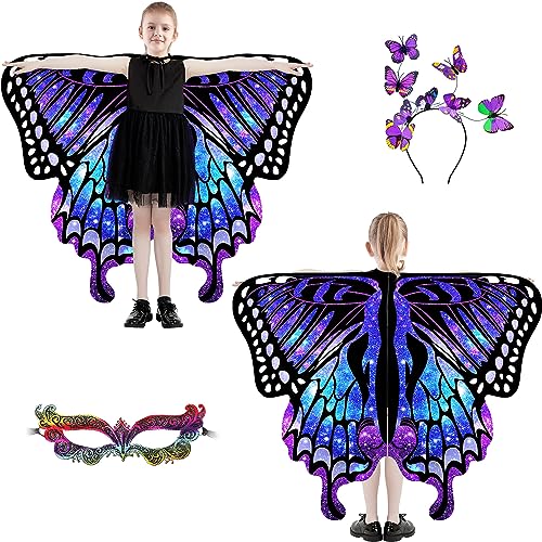 plainshe Schmetterlingsflügel für Mädchen, doppelseitige Feenflügel, Kinder Schmetterlingskostüm für Halloween, 3PCS Schmetterlingsumhang Set (Doppelseitig 16) von plainshe