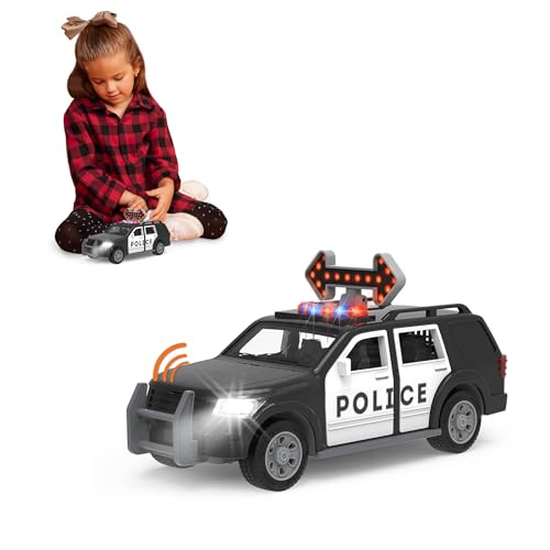 Driven by Battat Micro Polizeiauto 23 cm mit Pfeilverkehrszeichen, Lichtern und Tönen – Polizei Spielzeugauto mit Geräuschen, Funktionen – Spielzeug Auto ab 3 Jahren von Driven by Battat