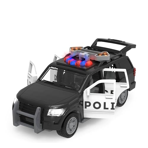 Driven by Battat Micro Polizeiauto 23 cm mit Pfeilverkehrszeichen, Lichtern und Tönen – Polizei Spielzeugauto mit Geräuschen, Funktionen – Spielzeug Auto ab 3 Jahren von Driven by Battat