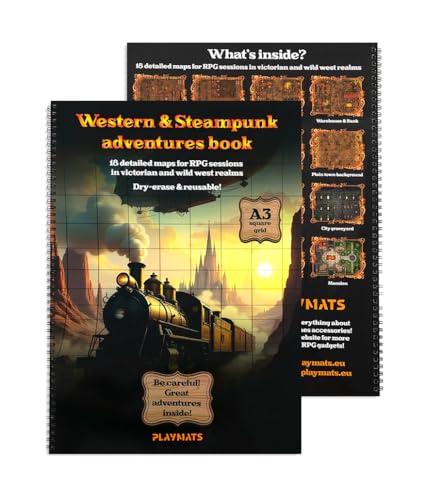 Western- und Steampunk-Rollenspielbuch - 18 A3-Trockenlöschkarten für Rollenspielsitzungen Western- und Steampunk-Rollenspielbuch - 18 A3-Trockenlöschkarten für Rollenspielsitzungen von playmats.eu