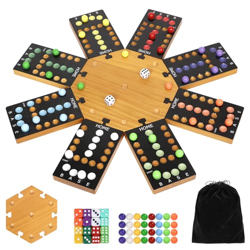plusvivo Marmor-Brettspiel, Holz-Brettspiel für 6–8 Spieler, tragbares Design-Marmor-Spiel mit 32 Murmeln, 16 Würfeln, Familienspielabend, Geschenk für Kinder und Erwachsene von plusvivo