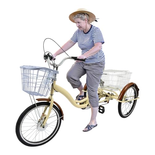 Dreirad für Erwachsene, 20 Zoll 6 Gang 3-Rad Fahrrad mit Korb, Tragfähigkeit 100kg, Einstellbare Lenkerhöhe, 3-Rad-Fahrräder für Einkaufen, Tourismus (Beige) von pochcicou