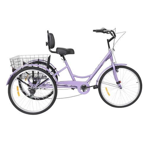 Dreirad für Erwachsene, 24 Zoll 7 Gang Dreirad Fahrrad mit Einkaufskorb und Schloss, Tragfähigkeit 120Kg, Höhenverstellbar 75-90cm, für Einkaufen, Radfahren (Lila) von pochcicou
