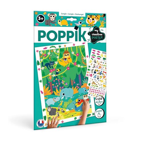 poppik 1841203 Sticker-Poster, Dschungel, Kreativposter mit ablösbaren Tier-Aufklebern, Stickerset zum Basteln, für Kinder ab 3 Jahren, 48 x 68 cm von poppik
