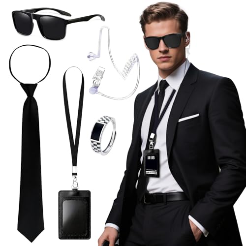 poraceous 5 Stück Agent Kostüm Zubehör, Geheimdienst Kostüm Set, Spion Kleidung Zubehör, mit Sonnenbrille, Krawatte, Armbanduhr, Ohrmuschel, Ausweis, Men in Black Kleidung für Wachmann Cosplay Party poraceous 5 Stück Agent Kostüm Zubehör, Geheimdienst Kostüm Set, Spion Kleidung Zubehör, mit Sonnenbrille, Krawatte, Armbanduhr, Ohrmuschel, Ausweis, Men in Black Kleidung für Wachmann Cosplay Party von poraceous