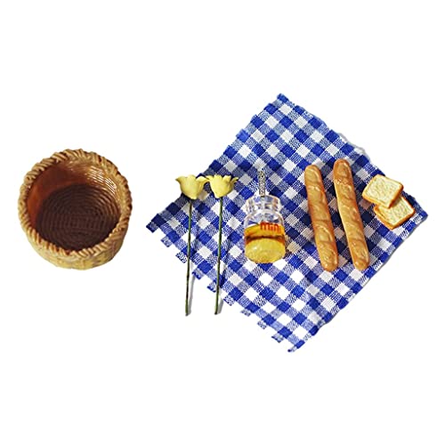 predolo 1/12 Lebensmittel Miniatur Dekor Puppenhaus Miniatur Lebensmittel Brot Im Korb & Picknick Tuch Set für Puppenhaus Dekoration Spielzeug Display Requisi, Blaues Plaid von predolo