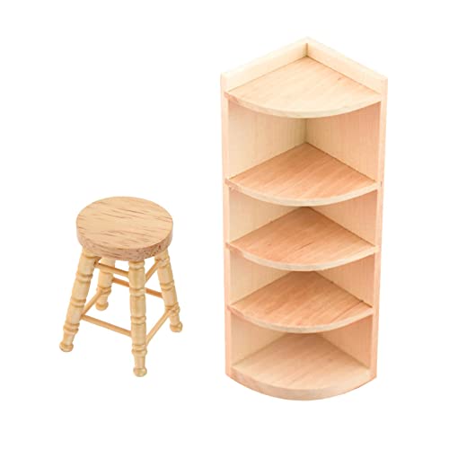 predolo 2 Stücke Miniatur Holz Puppenhausmöbel für kreative Gestaltungsprojekte, Schrank und runder Hocker von predolo