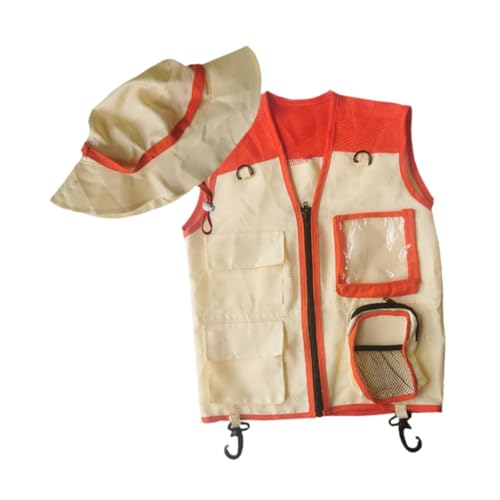 predolo Entdeckerweste Und Hut für Kinder, Outdoor Entdeckerset, Cargoweste Und Hut Set, Kinderkostüm für Paläontologen, Zoowärter, Camping, Orange von predolo