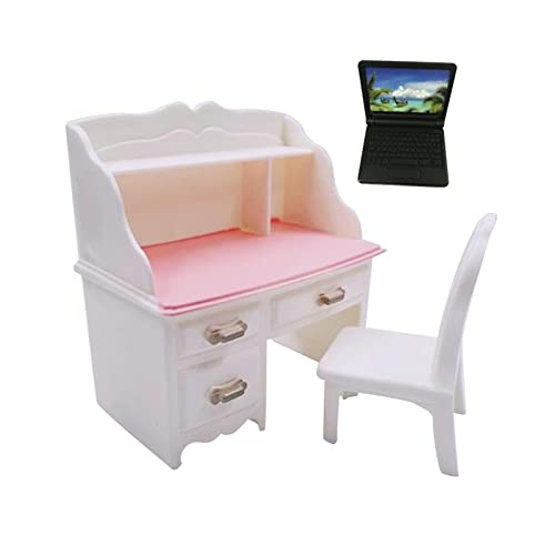predolo Miniatur Schreibtisch Stuhl Set für Puppenhaus - Charmante Einrichtungszubehör, mit schwarzem Laptop von predolo