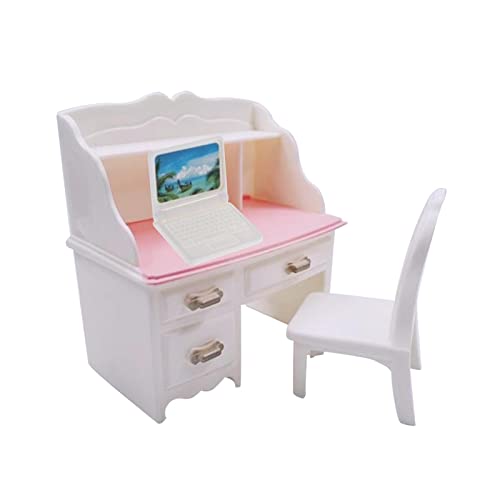 predolo Miniatur Schreibtisch Stuhl Set für Puppenhaus - Charmante Einrichtungszubehör, mit weißem Laptop von predolo