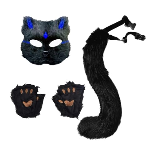 predolo Tiermaske Und Schwanz Set. Verkleiden Sie Sich Hübsch mit Handschuhen für Die Feiertags Halloween Party, Schwarzer Blue Chip von predolo