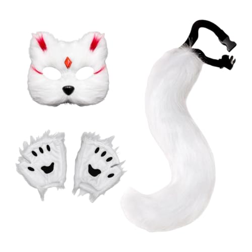 predolo Tiermaske Und Schwanz Set. Verkleiden Sie Sich Hübsch mit Handschuhen für Die Feiertags Halloween Party, Weißer Roter Chip von predolo