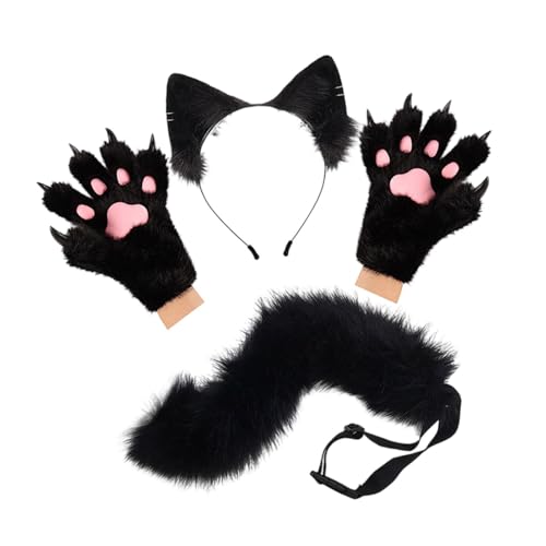 predolo Tierohr-Stirnband, Schwanzhandschuhe, Set, Plüschohr-Stirnband für Halloween, Schwarz von predolo