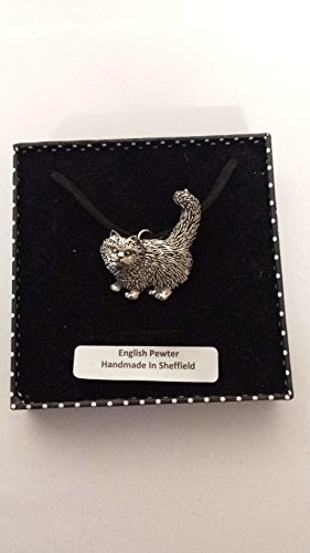 A40 Katze stehend feines englisches Zinn 3d Anhänger auf einem schwarzen Schnur Halskette handgefertigt 41 cm & verstellbar mit Stolz In Details von prideindetails