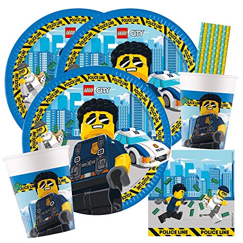 68-teiliges Party-Set - Lego City Teller Becher Servietten + Papiertrinkhalme für 16 Kinder von procos/spielum