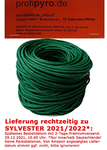 profipyro.de Visco Zündschnur Rolle * 10m / 100m / 30, 70 und 80 Sek./Meter wählbar * Grüne Visco 2,5mm * Anzündlitze (100m-Rolle; Brenndauer: 70 Sek./Meter) von profipyro.de