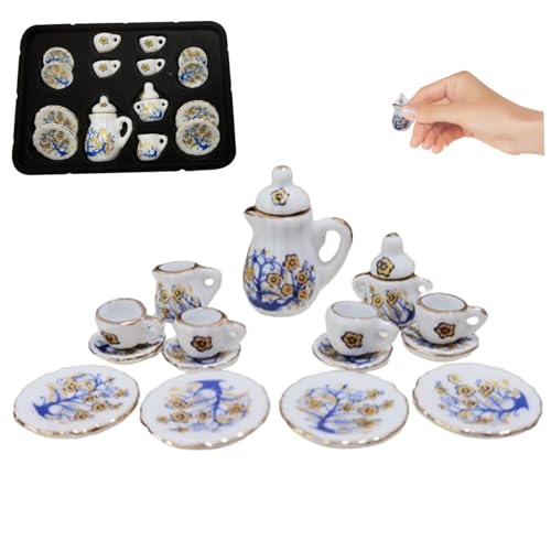 Tiny Tee -Set, 15pcs 1:12 Skala Miniature -Tee -Set, Porzellan -Mini -Teetassen, Teekanne, Teller, Ringelblume Muster Puppenhaus Tee Set Typ 2 Tiny Tea Set von ptumcial