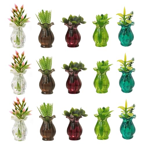 ptumcial Dollhouse -Pflanzen 15pcs Künstliche Miniaturpflanzen Harz Blütenmodell mit Vase Mini Bonsai -Pflanze für Miniaturlandschaft von ptumcial