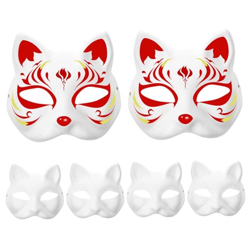 ptumcial Katzenmaske 6pcs DIY Lackierbar Blindfuchsmaske mit Gummiband, Weißpapier Therian Maske Masquerade für Erwachsene Kinder Craft Cosplay Halloween6 * Katzenmasken von ptumcial