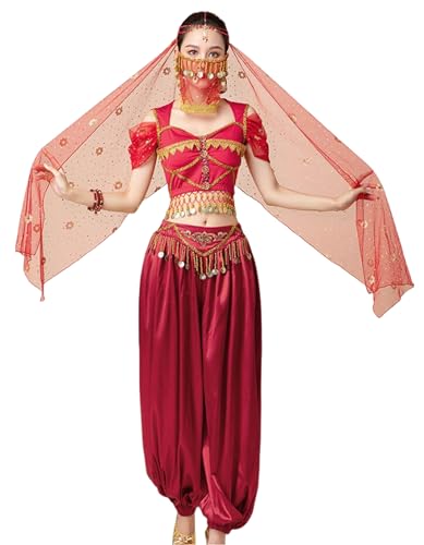 purpleq 3-teiliges Damen-Bauchtanz-Profi-Kostüm-Set für Bollywood-Indische Tanzaufführungen, Karnevals-Tänzerin-Outfit-Anzug von purpleq