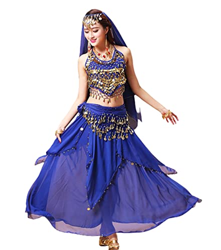 purpleq 4-teiliges Set indisches Tanzkostüm für Frauen, Bollywood-Bauchtanz-Fantasie-Party-Outfit-Set, Halloween-Karneval, Tanzaufführungskleidung,F,XL von purpleq