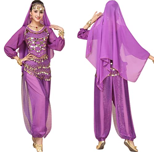 purpleq 5-teiliges Set Bollywood-Tanzkostüme Indisches Bauchtanz-Kostüm-Set für Frauen Chiffon Orientale Bauchtanz-Kostüm-Set,A12,XXL von purpleq