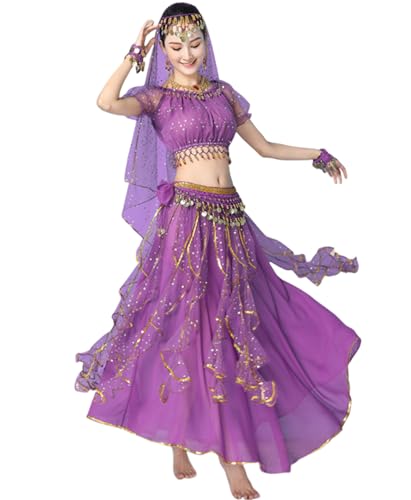 purpleq Bauchtanz-Kostüm-Set für Erwachsene, indische arabische Prinzessin, für Frauen, Bollywood-Festival, Tanzen Cosplay Halloween ausgefallenes Jasmin-Outfit purpleq Bauchtanz-Kostüm-Set für Erwachsene, indische arabische Prinzessin, für Frauen, Bollywood-Festival, Tanzen Cosplay Halloween ausgefallenes Jasmin-Outfit von purpleq