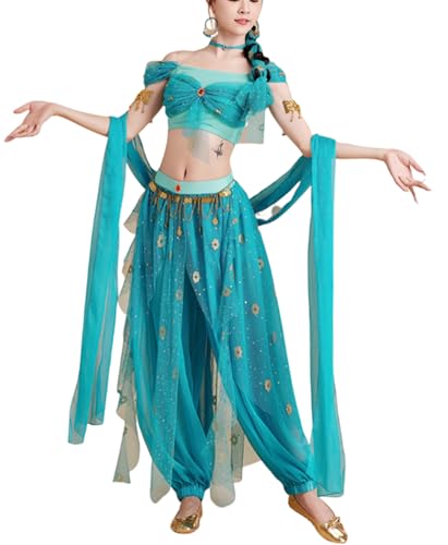 purpleq Bauchtanz-Kostümset für Damen, Bollywood, indisches 5-teiliges Set, langärmeliges Kleid arabische Prinzessin indische Kleider purpleq Bauchtanz-Kostümset für Damen, Bollywood, indisches 5-teiliges Set, langärmeliges Kleid arabische Prinzessin indische Kleider von purpleq