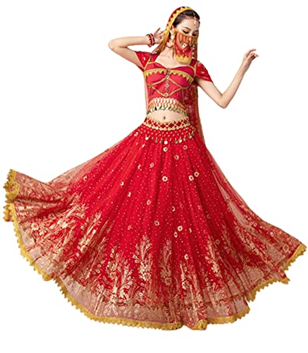 purpleq Damen Indische Tanzkostüm Festival Arabische Prinzessin Kostüme Stickerei Bollywood Jasmin Kostüm Party Cosplay Jasmin Prinzessin Fancy Outfit von purpleq