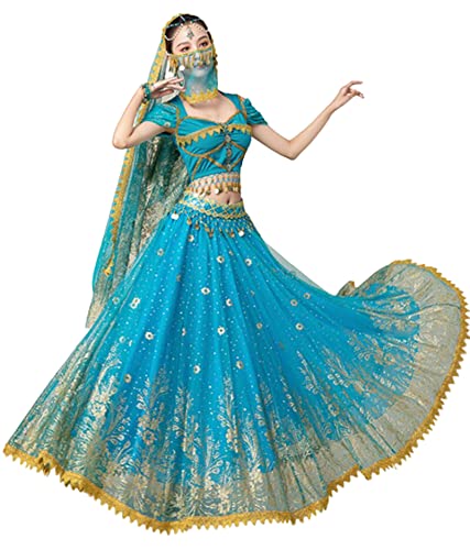 purpleq Damen Indische Tanzkostüm Festival Arabische Prinzessin Kostüme Stickerei Bollywood Jasmin Kostüm Party Cosplay Jasmin Prinzessin Fancy Outfit von purpleq