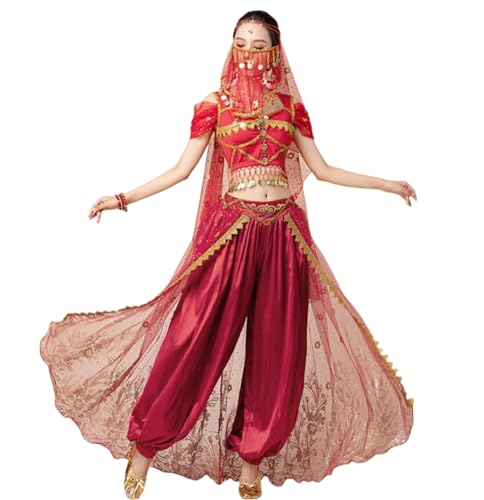 purpleq Damen Professionelles Bauchtanzkostüm Bollywood Indischer Arabischer Tanz Performance Cosplay Halloween Jasmine Princess FancyOutfits Anzug von purpleq