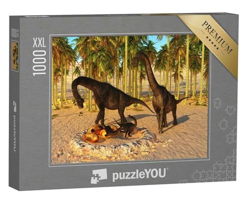 Puzzle 1000 Teile XXL „Dinosaurier-Baby: Nest mit 3D-Illustration, Brachiosaurus-Eltern und Dino-Eier“ – aus der Puzzle-Kollektion Dinosaurier, Tiere aus Fantasy & Urzeit von puzzleYOU