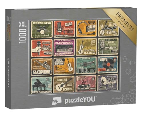 Puzzle 1000 Teile XXL „Geschäft für Musikinstrumente, Live-Konzert- und Aufnahmestudio, Vektor-Retro-Poster“ von puzzleYOU