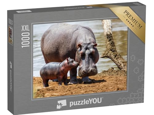 Puzzle 1000 Teile XXL „Nilpferdmutter mit ihrem Baby im Masai Mara National Park, Kenia“ – aus der Puzzle-Kollektion Nilpferde, Tiere in Savanne & Wüste von puzzleYOU