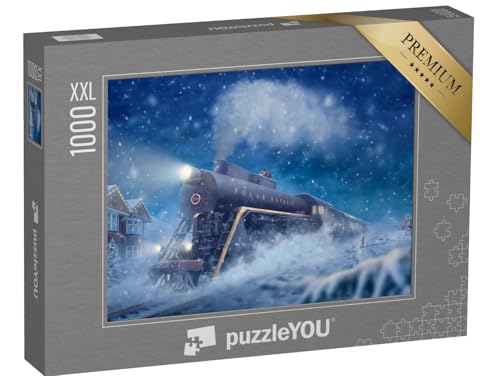 Puzzle 1000 Teile XXL „Polarexpress in Einer verschneiten Landschaft, Kleiner Junge, Mann auf dem Zug“ – aus der Puzzle-Kollektion Lokomotive von puzzleYOU