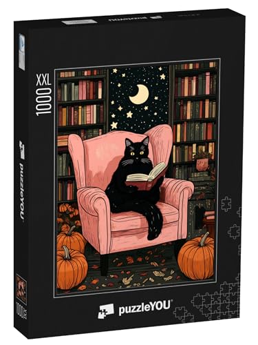 Puzzle 1000 Teile XXL „Schwarze Katze beim lesen im Sessel an Halloween“ von puzzleYOU