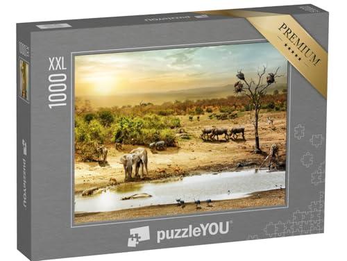 Puzzle 1000 Teile XXL „Tiere am Wasserloch im Sonnenuntergang südafrikanische Wüste“ – aus der Puzzle-Kollektion Safari, Savanne Puzzle 1000 Teile XXL „Tiere am Wasserloch im Sonnenuntergang südafrikanische Wüste“ – aus der Puzzle-Kollektion Safari, Savanne von puzzleYOU