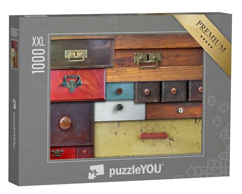 Puzzle 1000 Teile XXL „Verschiedene alte Schubladen in unterschiedlichen Farben, Holz- und Messinggriffe“ – aus der Puzzle-Kollektion Vintage von puzzleYOU